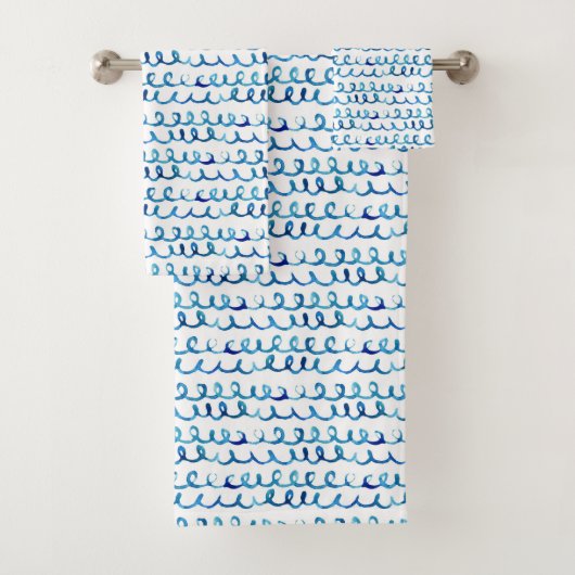 Handgemaltes blaues Aquarell-gewelltes Profil Badhandtuch Set (Insitu)