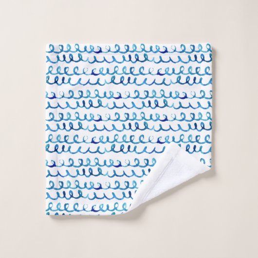Handgemaltes blaues Aquarell-gewelltes Profil Badhandtuch Set (Waschlappen)