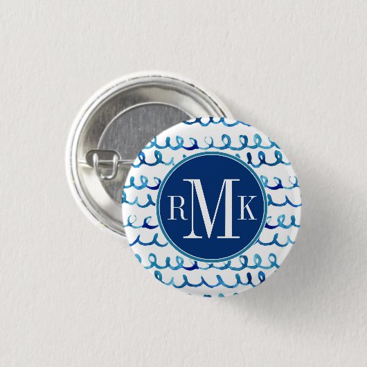 Handgemaltes blaues Aquarell-gewelltes Profil Button (Vorne & Hinten)