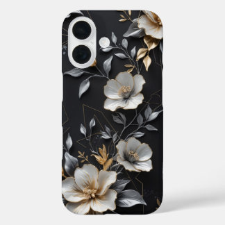 Handgemaltes Blumendesign mit Gold und Silber iPhone 16 Hülle
