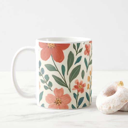 Handgemaltes Blumenmuster – Farbige Botanik Kaffeetasse (Mit Donut)