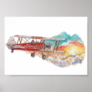 Handgemaltes Doppeldecker-Bush-Flugzeug Sonnenunte Poster