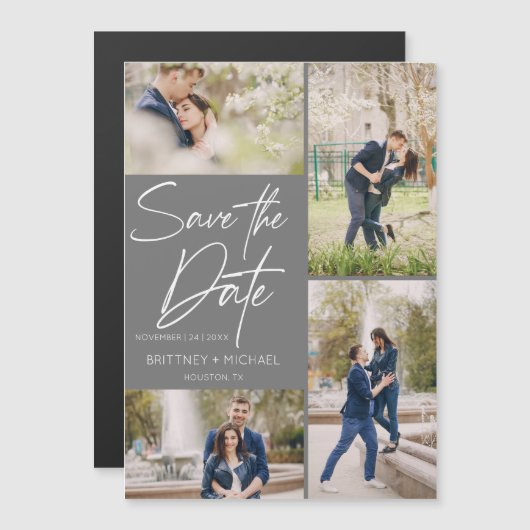 Handgerieftes Collage Save the Date grau Magnetkarte (Vorne/Hinten)