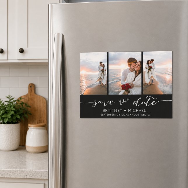 Handgerieftes Foto schwarz Magnetkarte (Chic black three photo save the date magnet featuring elegant handwritten script typography)