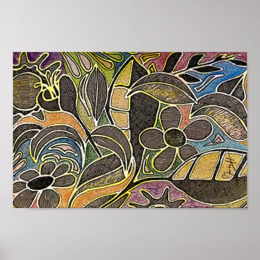 Handgeschnitzte Blätter und Blume - in Orange Blue Poster (Vorne)