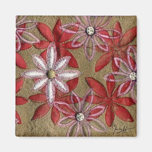 Handgeschnitzte Quilted rote und rosa Blumen Magnet (Vorne)
