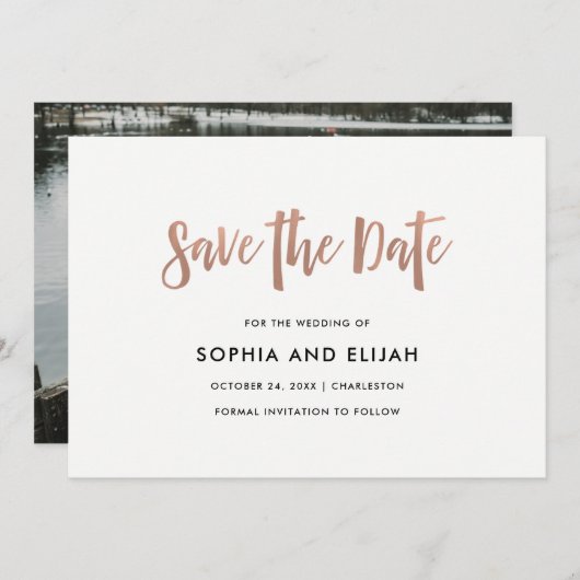 Handgeschrieben und modern | Imitate Rose Gold mit Save The Date (Vorne/Hinten)