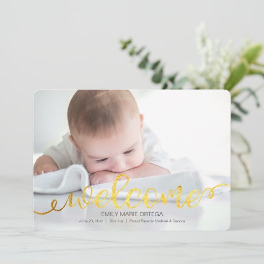 Handgeschriebene Baby Birth Foto Announccard Ankündigung (Stehend Vorderseite)