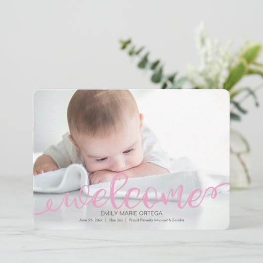 Handgeschriebene Baby Birth Foto Announccard Ankündigung (Stehend Vorderseite)