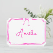 Handgeschriebene, benutzerdefinierte rosa Bow-Ästh Einladung (Stehend Vorderseite)