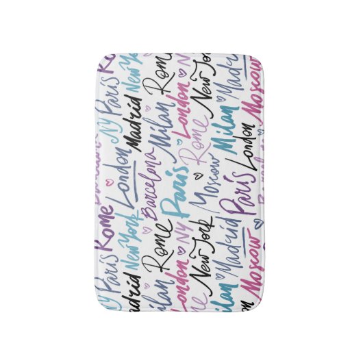 Handgeschriebene berühmte Städte des Weltmusters Badematte (Vorderseite Vertikal)