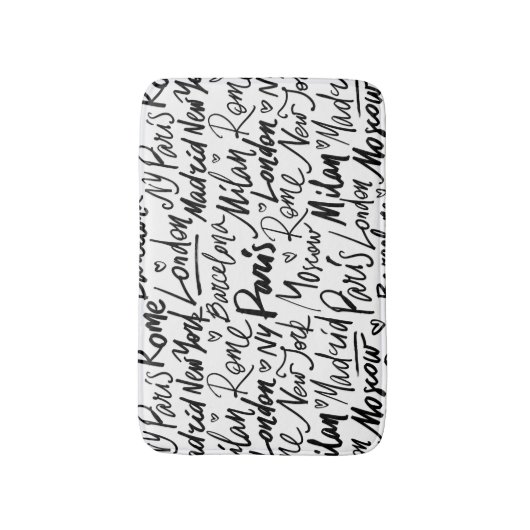 Handgeschriebene berühmte Städte des Weltmusters Badematte (Vorderseite Vertikal)