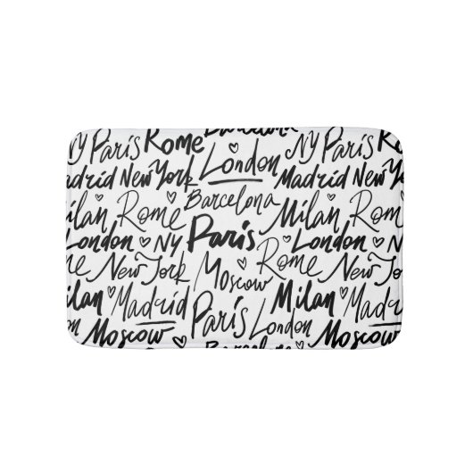 Handgeschriebene berühmte Städte des Weltmusters Badematte (Vorderseite)