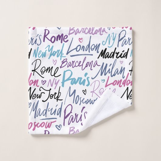 Handgeschriebene berühmte Städte des Weltmusters Badhandtuch Set (Waschlappen)