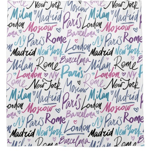 Handgeschriebene berühmte Städte des Weltmusters Duschvorhang (Vorderseite)