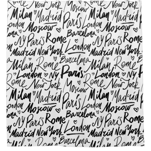 Handgeschriebene berühmte Städte des Weltmusters Duschvorhang (Vorderseite)