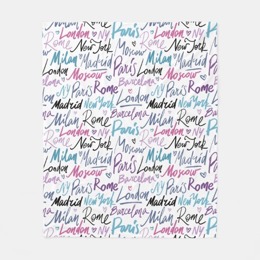 Handgeschriebene berühmte Städte des Weltmusters Fleecedecke (Vorderseite)