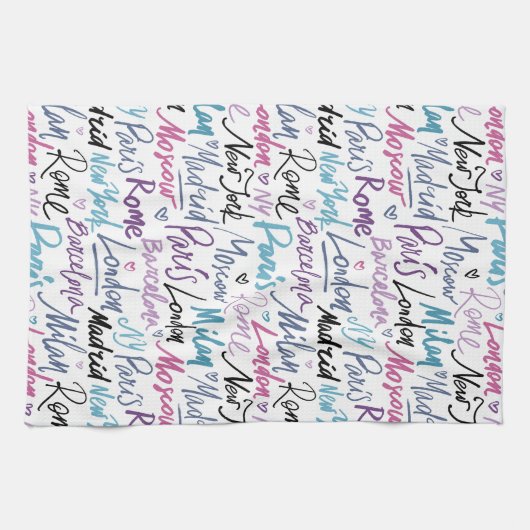 Handgeschriebene berühmte Städte des Weltmusters Geschirrtuch (Horizontal)