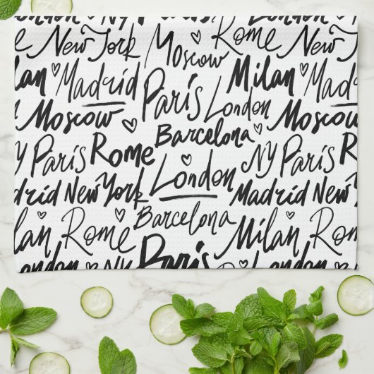 Handgeschriebene berühmte Städte des Weltmusters Geschirrtuch (Gefaltet)