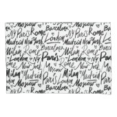 Handgeschriebene berühmte Städte des Weltmusters Kissenbezug (Vorderseite)