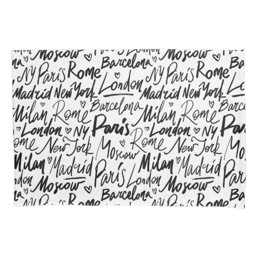 Handgeschriebene berühmte Städte des Weltmusters Kissenbezug (Vorderseite)