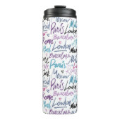 Handgeschriebene berühmte Städte des Weltmusters Thermosbecher (Vorderseite)