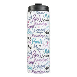Handgeschriebene berühmte Städte des Weltmusters Thermosbecher
