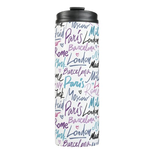 Handgeschriebene berühmte Städte des Weltmusters Thermosbecher (Vorderseite)