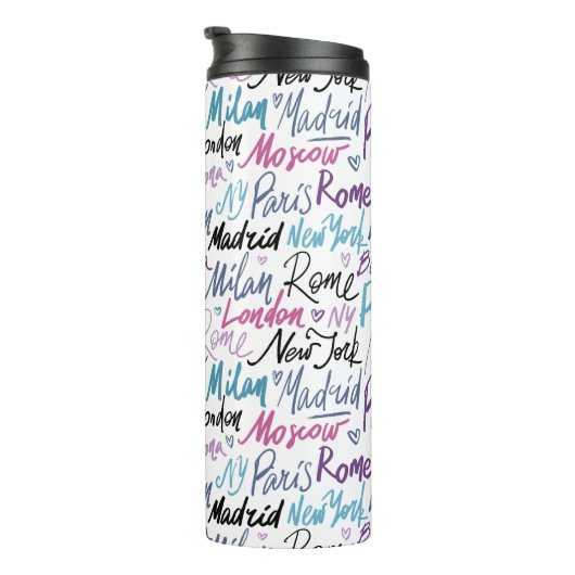 Handgeschriebene berühmte Städte des Weltmusters Thermosbecher (Nach rechts gedreht)