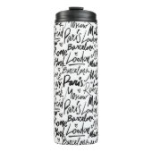 Handgeschriebene berühmte Städte des Weltmusters Thermosbecher (Vorderseite)