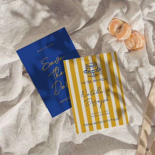 Handgeschriebene blaue gelbe Pinstreifen Italien H Save The Date