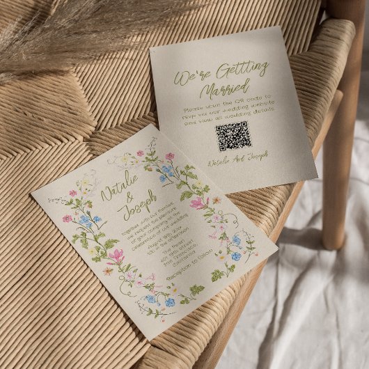 Handgeschriebene Florale Sommer QR-Code Hochzeit Einladung