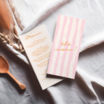 Handgeschriebene gestrichene farbenfrohe Pinstripe Menükarte<br><div class="desc">Ein buntes Retro funky moderne rosa und orange und cremefarbene Menü geschrieben . Und handgezeichnete grüne Pinstreifen auf der Rückseite. Perfekt und passend zur Suite. Hochzeitsmenü. Das Design ist schick,  Vintag cremefarben und orangefarben.</div>