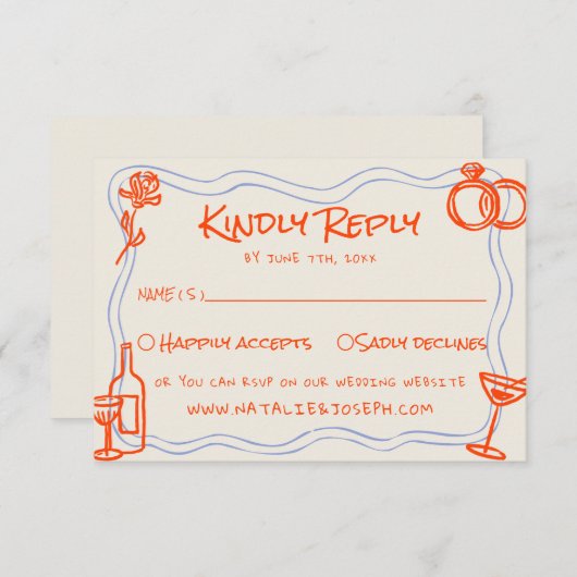 Handgeschriebene Gezeichnet Blue Orange Funky Wedd RSVP Karte (Vorne/Hinten)