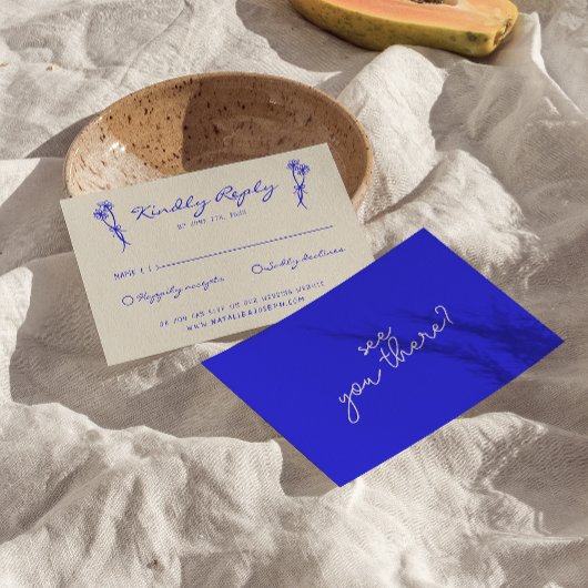 Handgeschriebene Gezeichnet Blue Retro Bold Weddin RSVP Karte