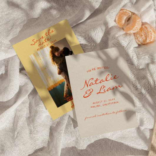 Handgeschriebene Gezeichnet farbenfrohe Retro-Foto Save The Date