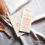 Handgeschriebene, Gezeichnet gemalte, eigenartige  Menükarte<br><div class="desc">Ein buntes Retro funky modernes,  lebendiges rotes Hochzeitsmenü. Das elegante Template-Design von boho Vintag milchig beige Hintergrund und orange Typografie und handgeschriebenes Menü in Orange. Und handgezeichnetes Champagnerglas und Flasche in himmelblauer Farbe. . Perfekt und passend zu der ganzen Suite.</div>