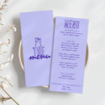 Handgeschriebene Gezeichnet Retro Bold Moderne Hoc Menükarte<br><div class="desc">Ein buntes Retro-funky modernes Periwinkle Hochzeitsmenü. Das Design der schicken Vorlage boho Vintag Periwinkle Hintergrund und blauen Typografie und handgeschriebenes Menü in blau . Und heller,  grüner Hintergrund. Perfekt und passend zu der ganzen Suite.</div>