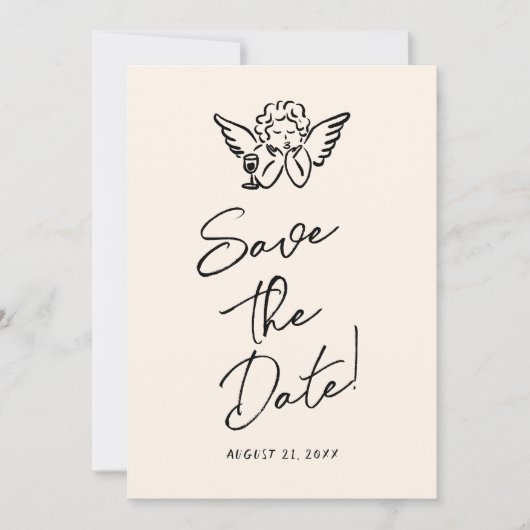 Handgeschriebene Gezeichnet Retro Cupid Quirky Wed Save The Date (Vorderseite)