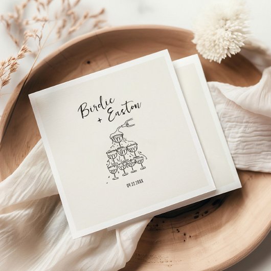 Handgeschriebene Illustrierte Champagner Tower Wed Serviette