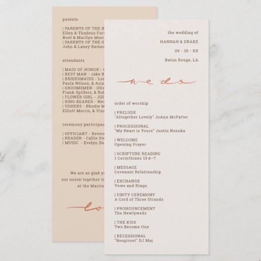 Handgeschriebene Kalligrafie Hochzeit Programm (Vorne/Hinten)