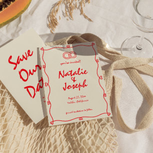 Handgeschriebene lebendige rote Retro-unique Hochz Save The Date