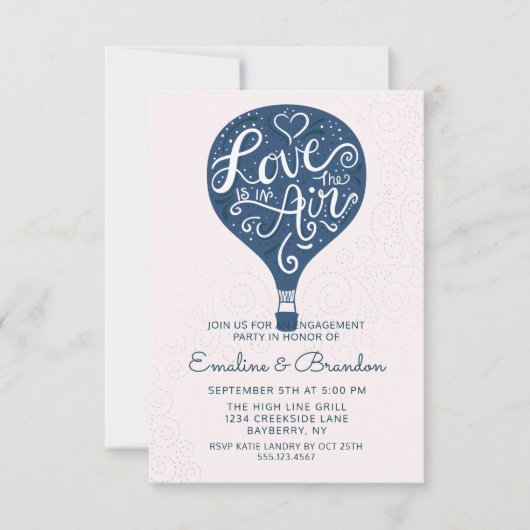 Handgeschriebene Liebe Navy Balloon Engagement Par Einladung (Vorderseite)