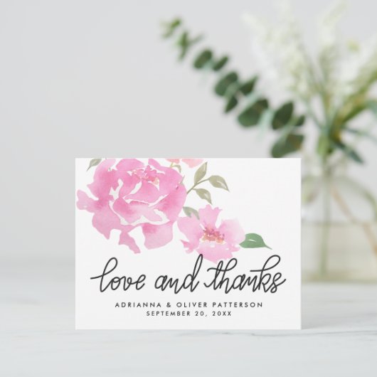 Handgeschriebene Liebe und dank rosa Peonies-Blume Postkarte (Stehend Vorderseite)