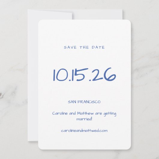 Handgeschriebene Minimalistische Blaue Hochzeit Save The Date (Vorderseite)