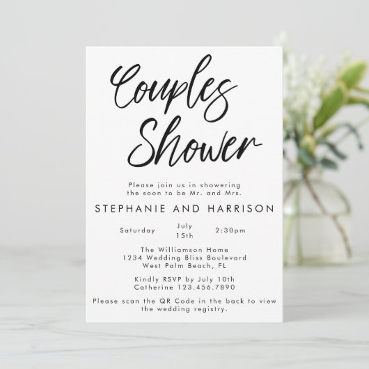 Handgeschriebene moderne Minimal QR Code Paare Dus Einladung (Stehend Vorderseite)