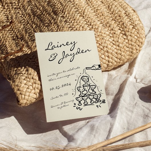 Handgeschriebene moderne Retro Champagner Tower We Einladung