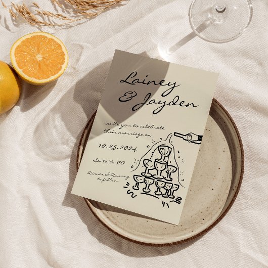 Handgeschriebene moderne Retro Champagner Tower We Einladung