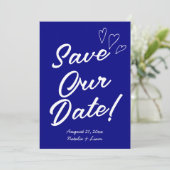 Handgeschriebene Navy farbenfrohe Retro Moderne Ho Save The Date (Stehend Vorderseite)