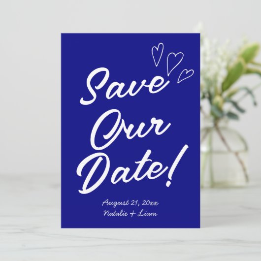 Handgeschriebene Navy farbenfrohe Retro Moderne Ho Save The Date (Stehend Vorderseite)